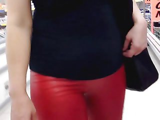 red latex leggins in store